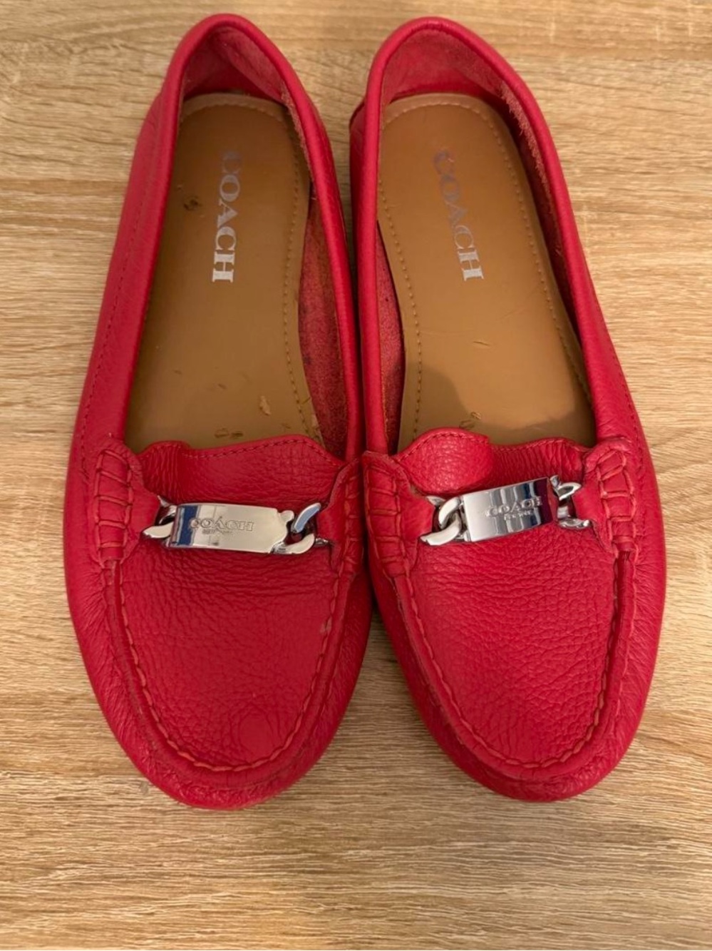 Coach Red Leather Driving loafers
with Silver Hardware